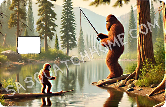 Durable Bigfoot 5 Vinyl Credit Debit Card Skin Cover - Sasquatch Fishing w Young Squatch