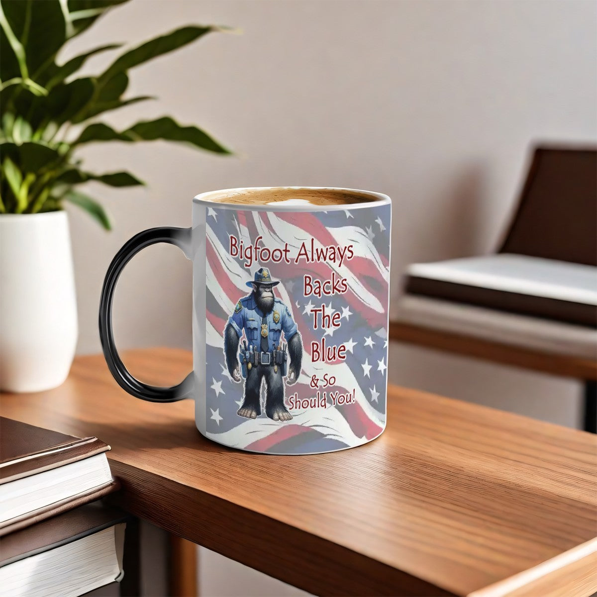Sarcastic Sasquatch, "Back the Blue" Color Changing 11oz Mug, Color Changing 11oz Mug, Coffee Cup