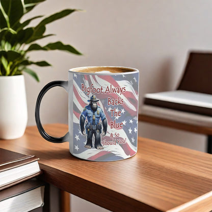 Sarcastic Sasquatch, "Back the Blue" Color Changing 11oz Mug, Color Changing 11oz Mug, Coffee Cup