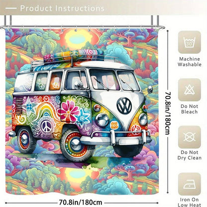 Hippie Bus, Waterproof Polyester Shower Curtain – Made in the USA – 70.8x70.8”