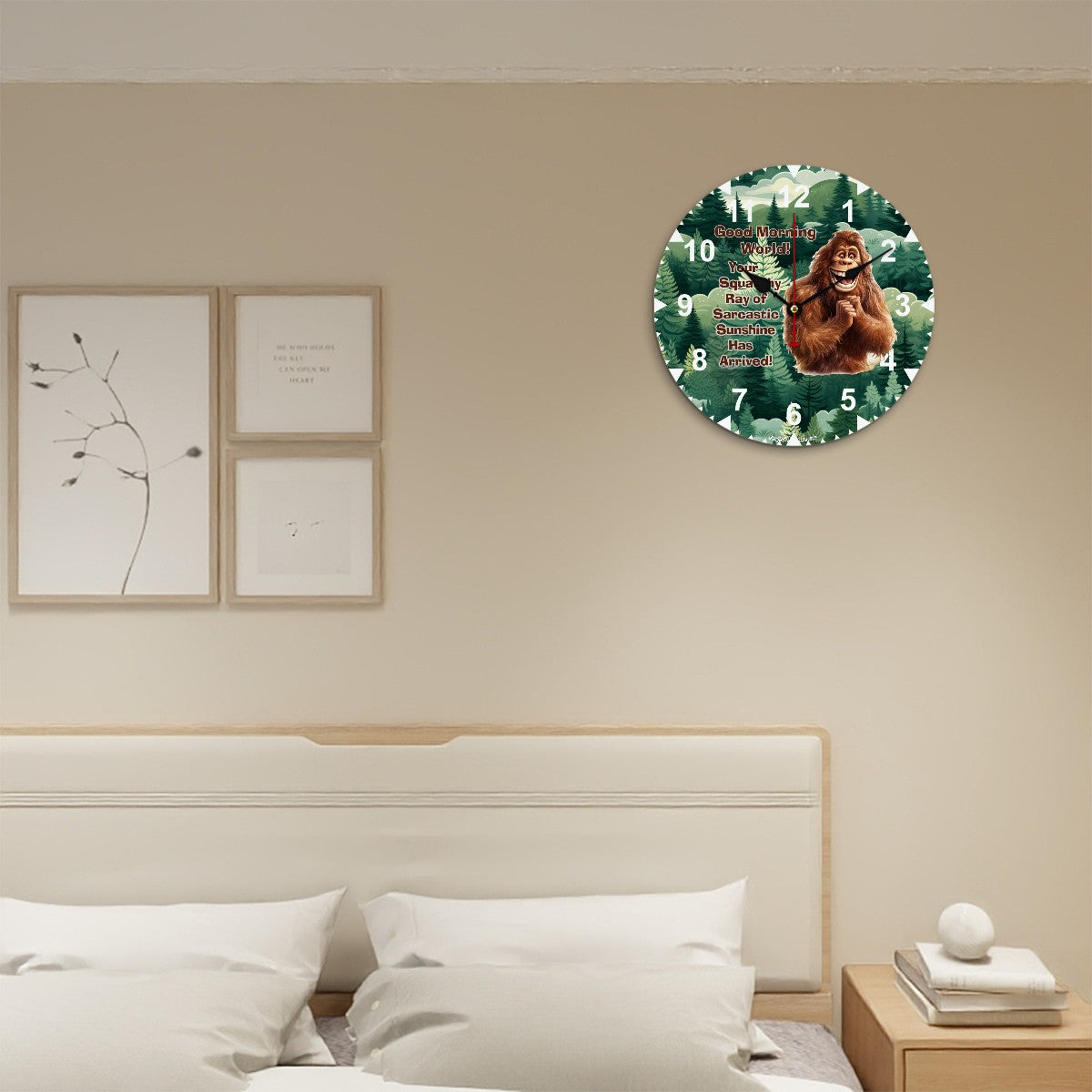 Bigfoot Sasquatch "Good morning..", Wooden Wall Clock- Made in USA