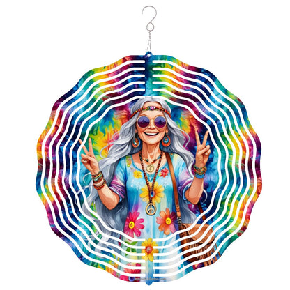 Hippie Lady, US Made Hanging Metal 3D Wind Spinner, Ornament - MADE IN USA