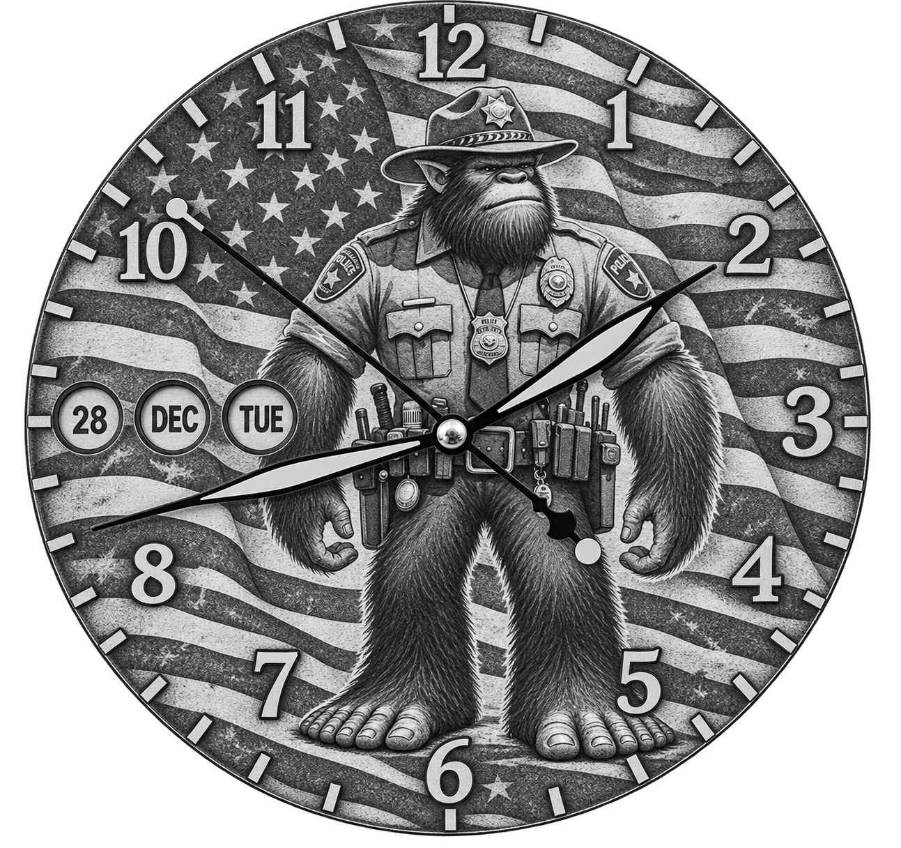 Laser Etched Calendar Clocks - Sasquatch Police Officer