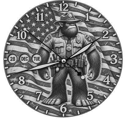 Laser Etched Calendar Clocks - Sasquatch Police Officer