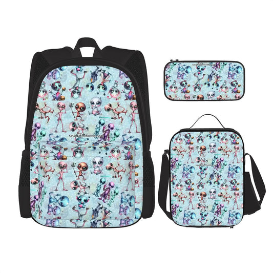 6 Alien Designs, 3 Piece Bag Set – Oxford Backpack, Lunch Bag, Pencil Pouch