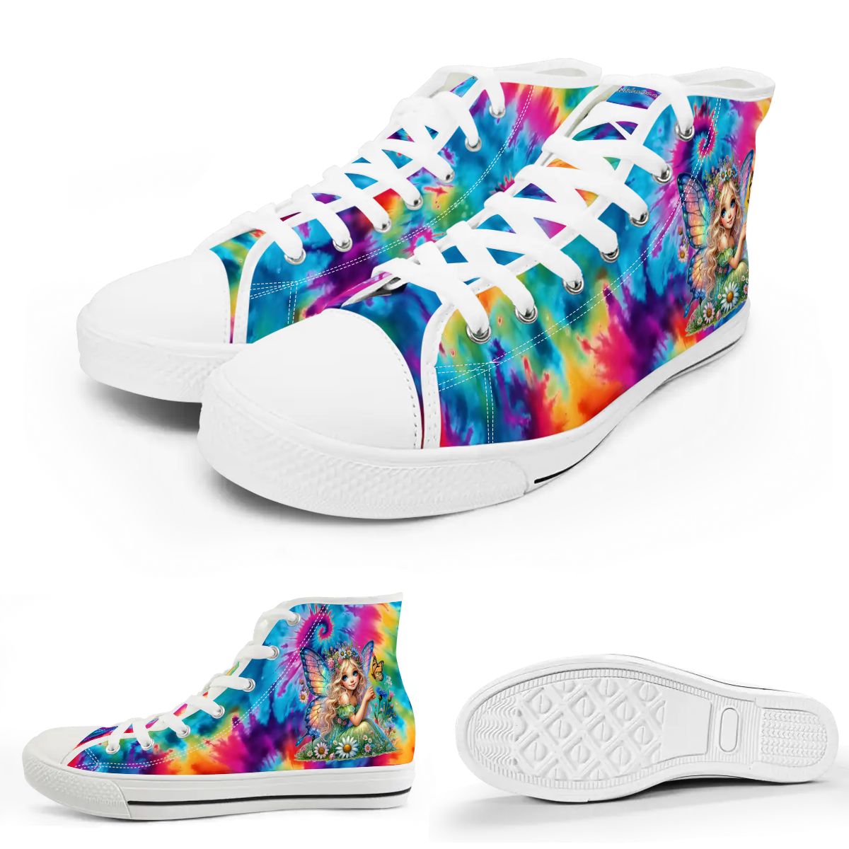 Fairies on Tie Dye, Women's High Top Canvas Shoes