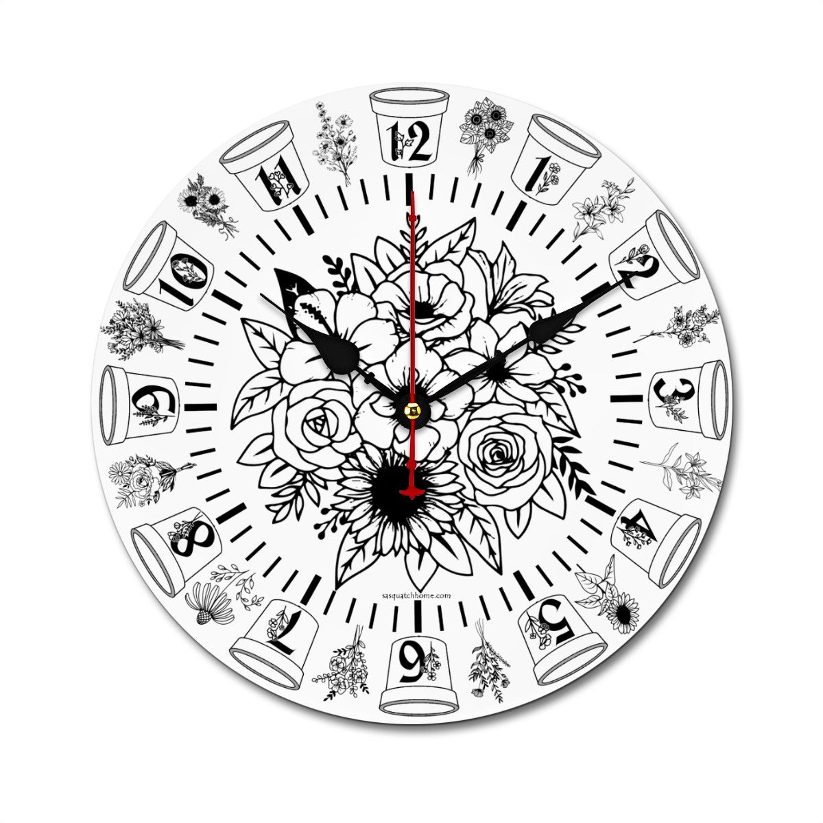 Flower Theme, Round Wooden Wall Clock