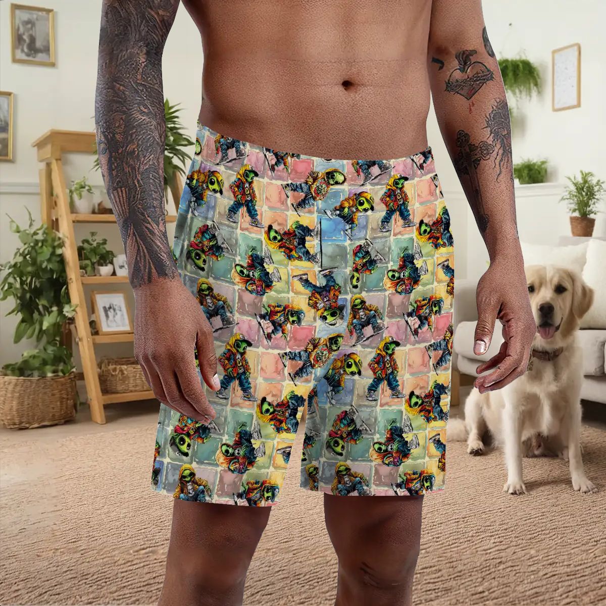 6 Alien Designs, Men’s Polyester, pocketed, pajama Shorts