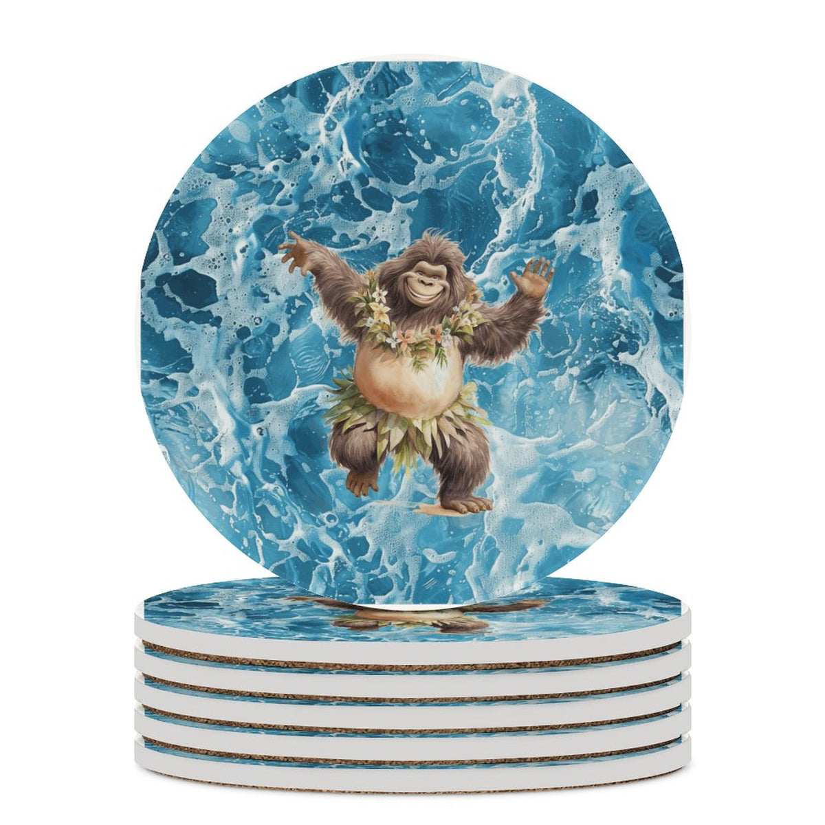Sasquatch Hula On the Beach Round Ceramic Coaster