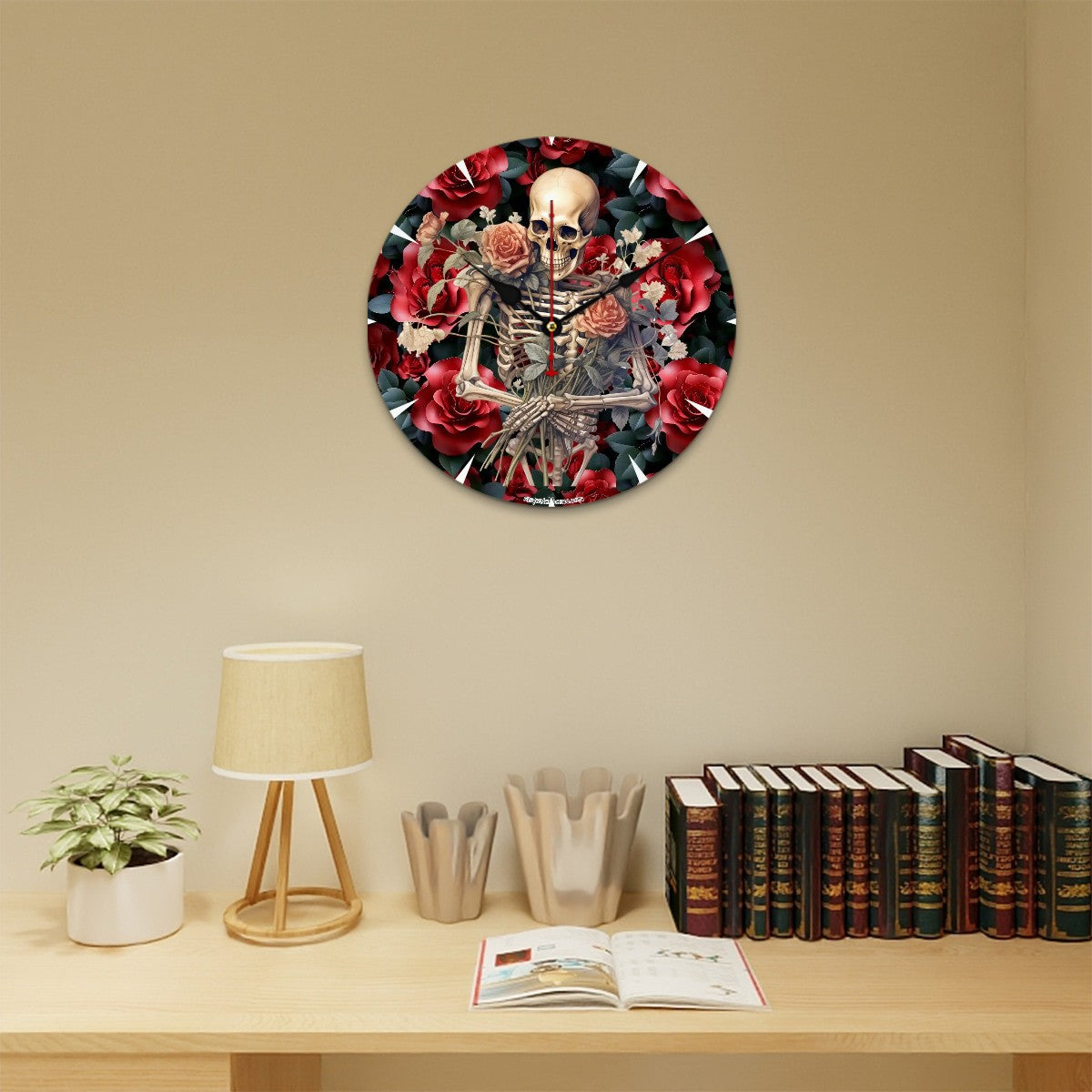 Skeleton & Roses, Wooden Wall Clock- Made in USA