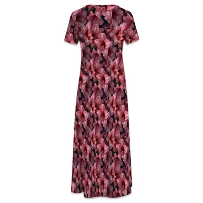 10 Flower Designs, Crew Neck Short Sleeve Maxi Dress