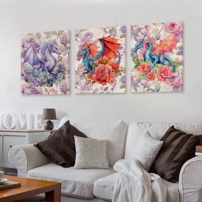 Floral Dragons, Canvas Wall Art - 12”x 16” or 18”x24” (x 3) - Made In USA