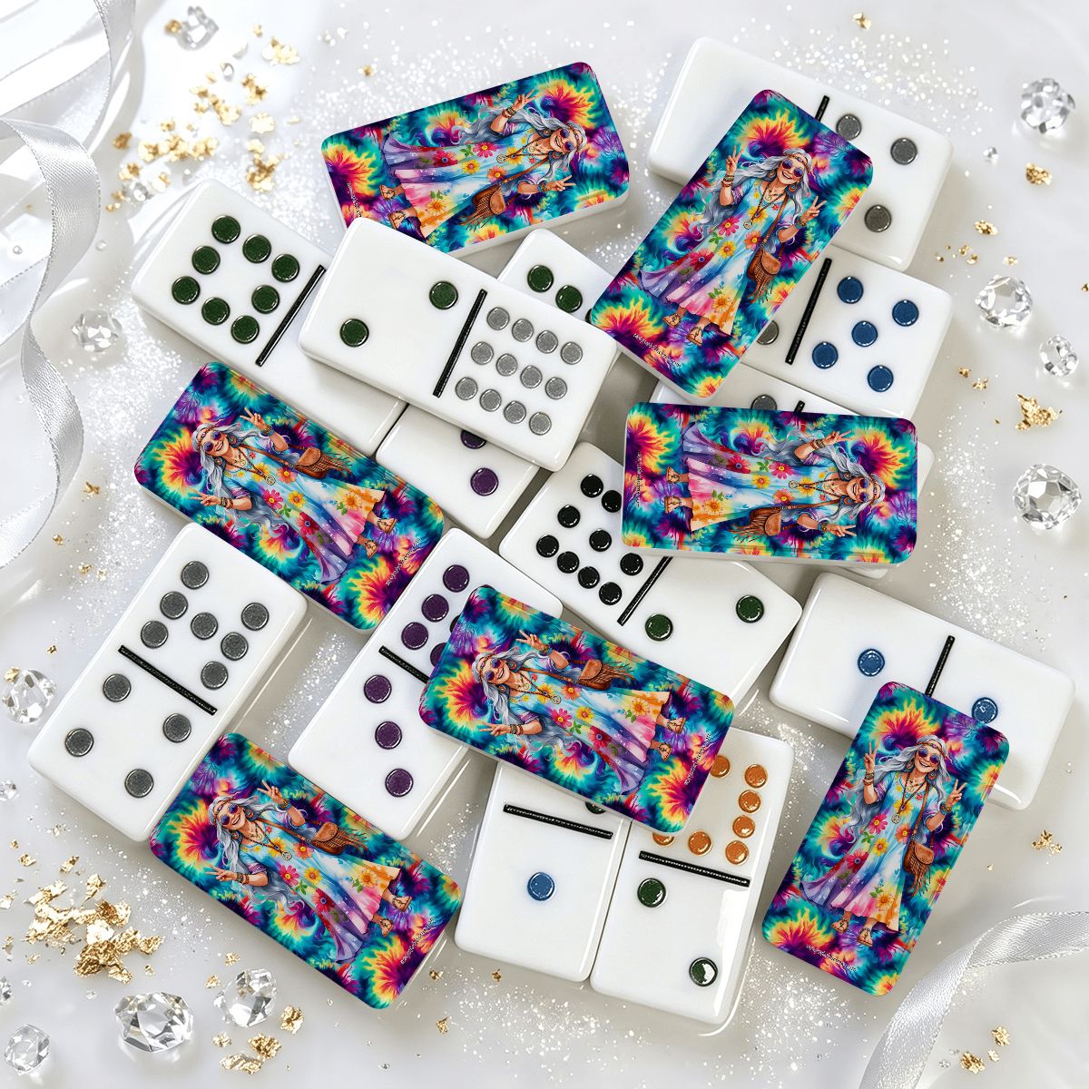 Hippie Lady Double 12 Mexican Train Dominoes Set