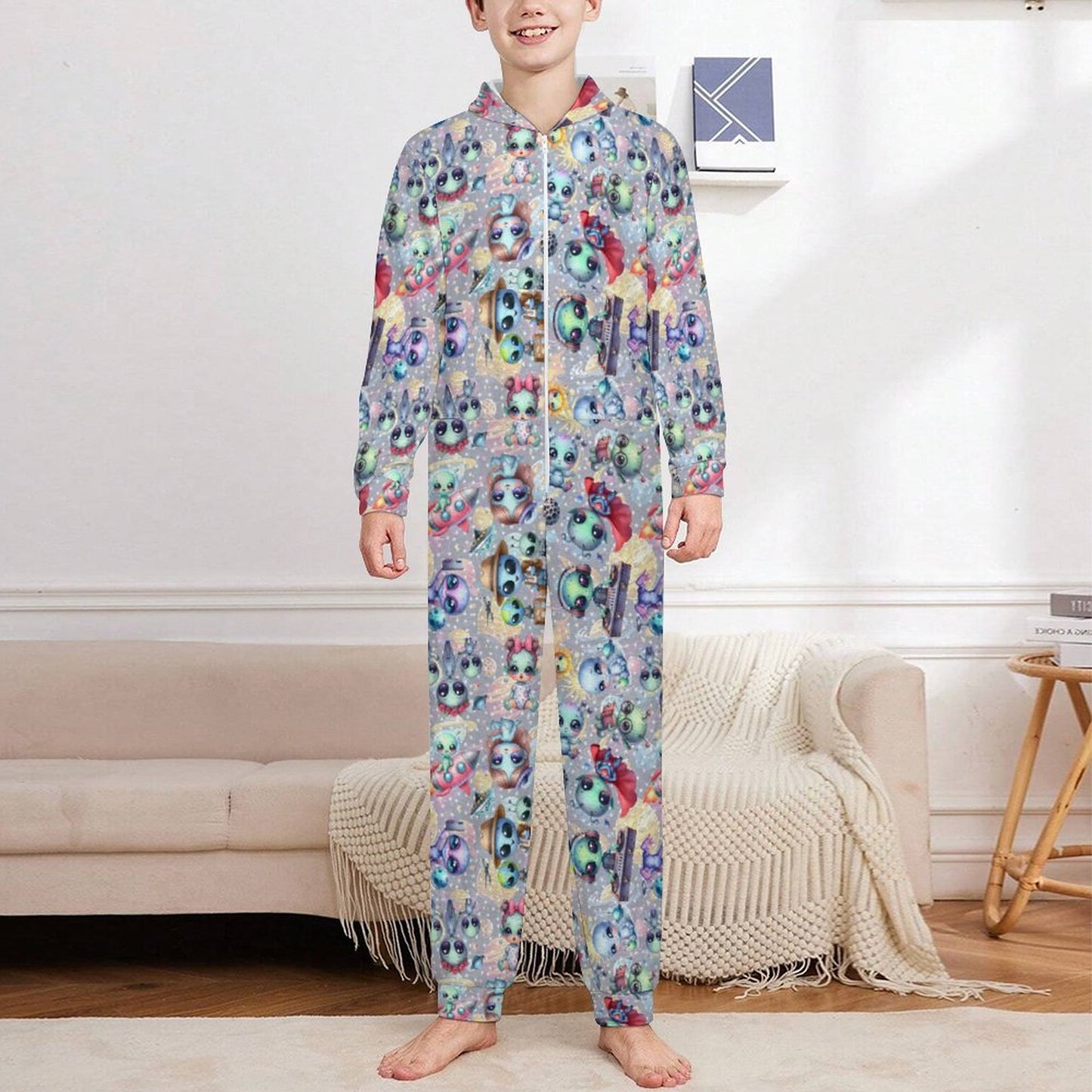6 Alien Designs, Youth Flannel Footless Zip up Pajama Jumpsuit