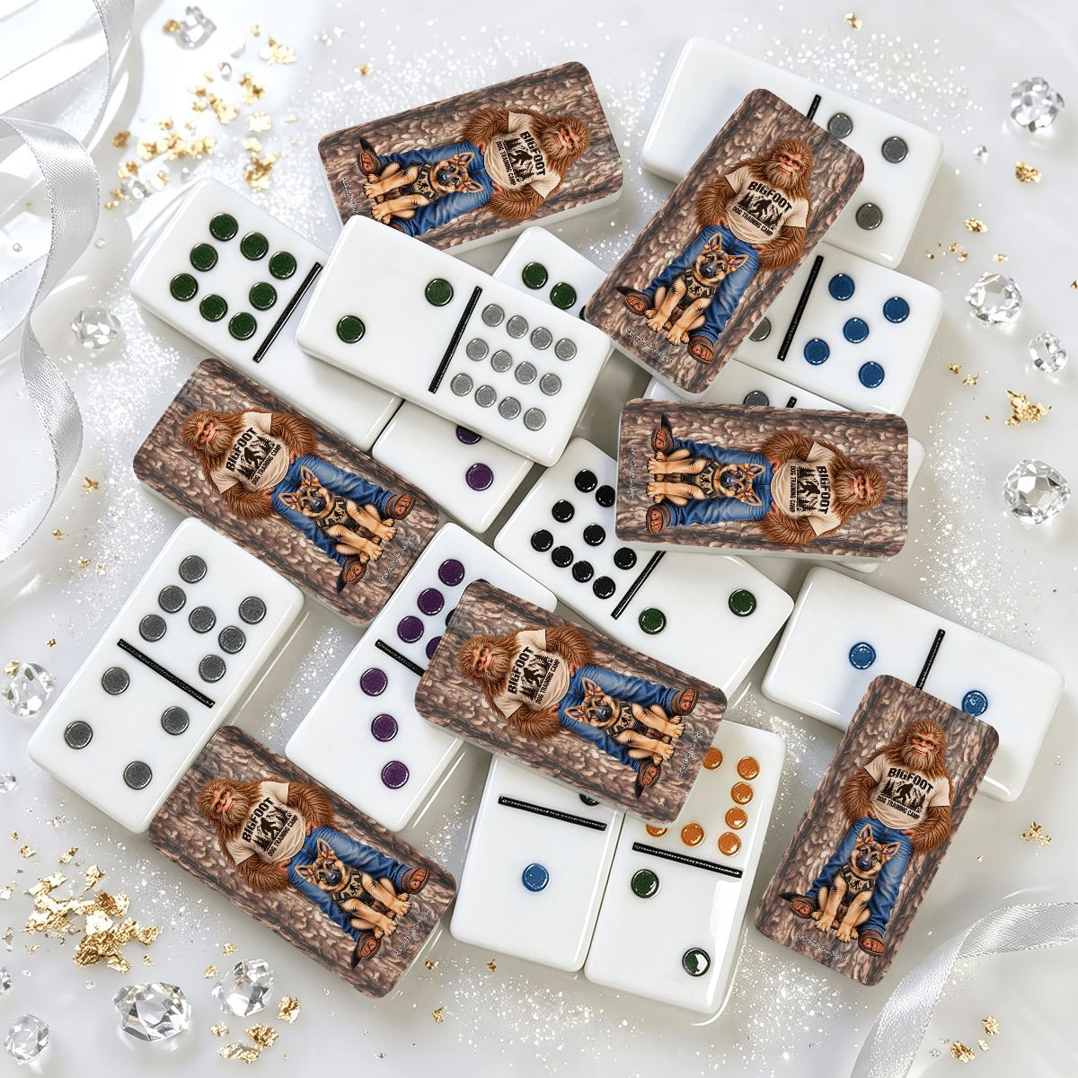 Bigfoot & Dog Double 12 Mexican Train Dominoes Set