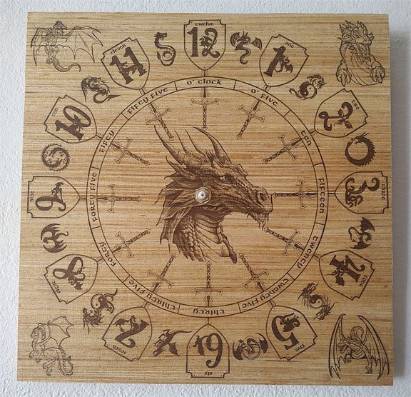 Hand Made Wood Dragon, Laser Etched Dragon Clock, 2 Sizes