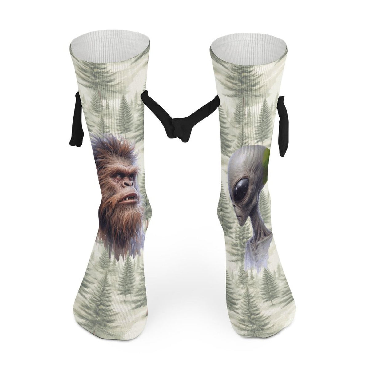 Alien Sasquatch stare down Magnetic Holding Hands Funny Socks (All-Over Printing)