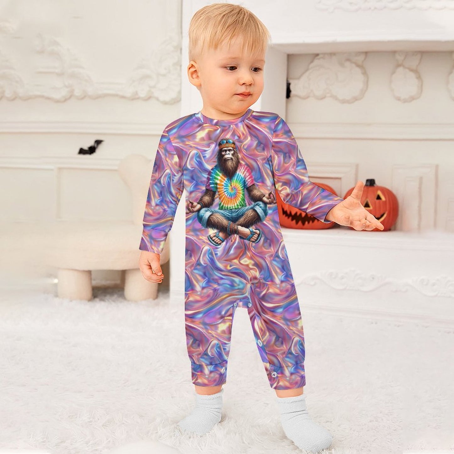 Zen / Yoga Bigfoot / Sasquatch, Long Sleeve Baby / Toddler Romper, Faux Cotton
