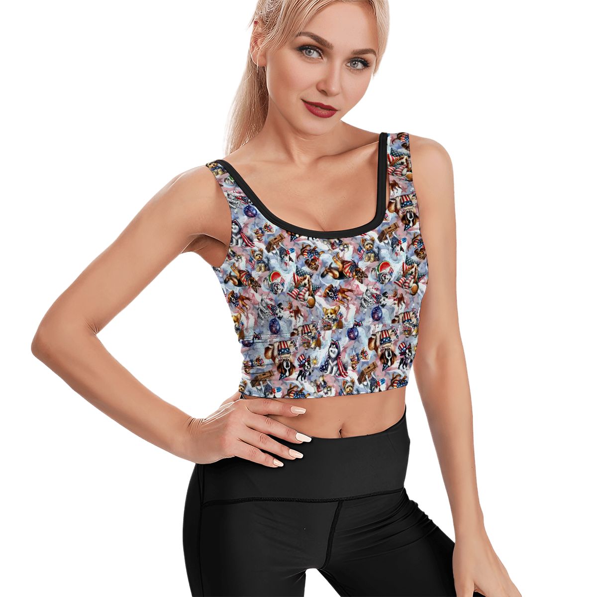 8 Patriotic Designs, Women’s Strappy Sports Bra, Yoga Top, unicorns, cats, dogs, eagles