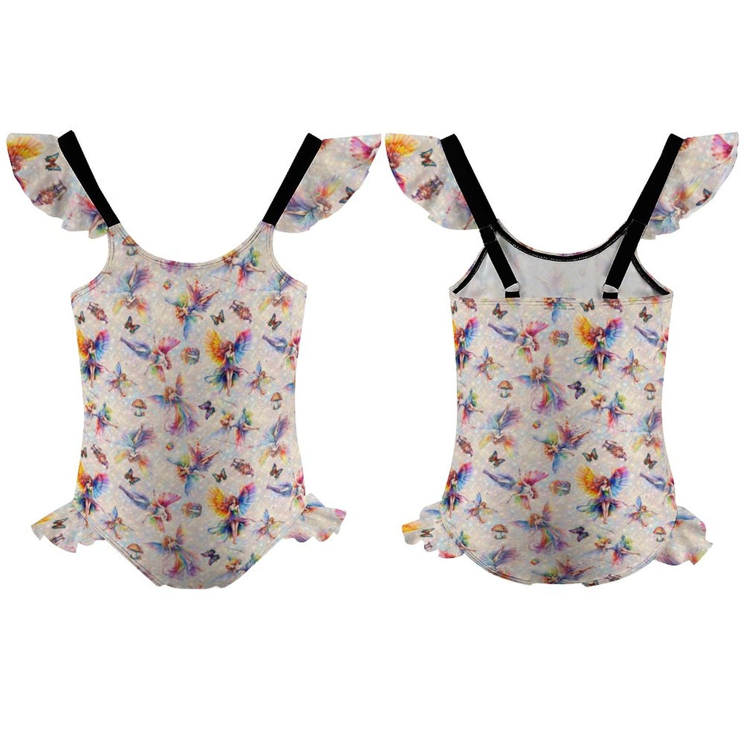 6 Fairy Designs, Girls One-Piece Summer Swimsuit, Ruffle Shoulder