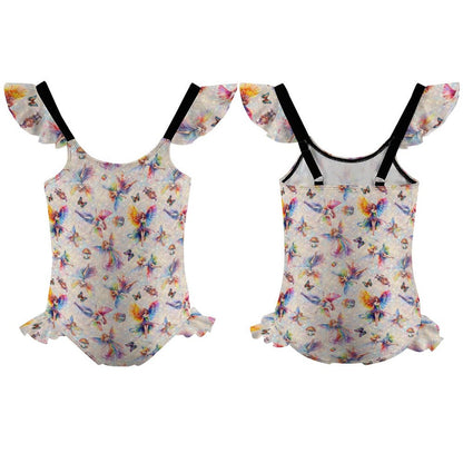 6 Fairy Designs, Girls One-Piece Summer Swimsuit, Ruffle Shoulder