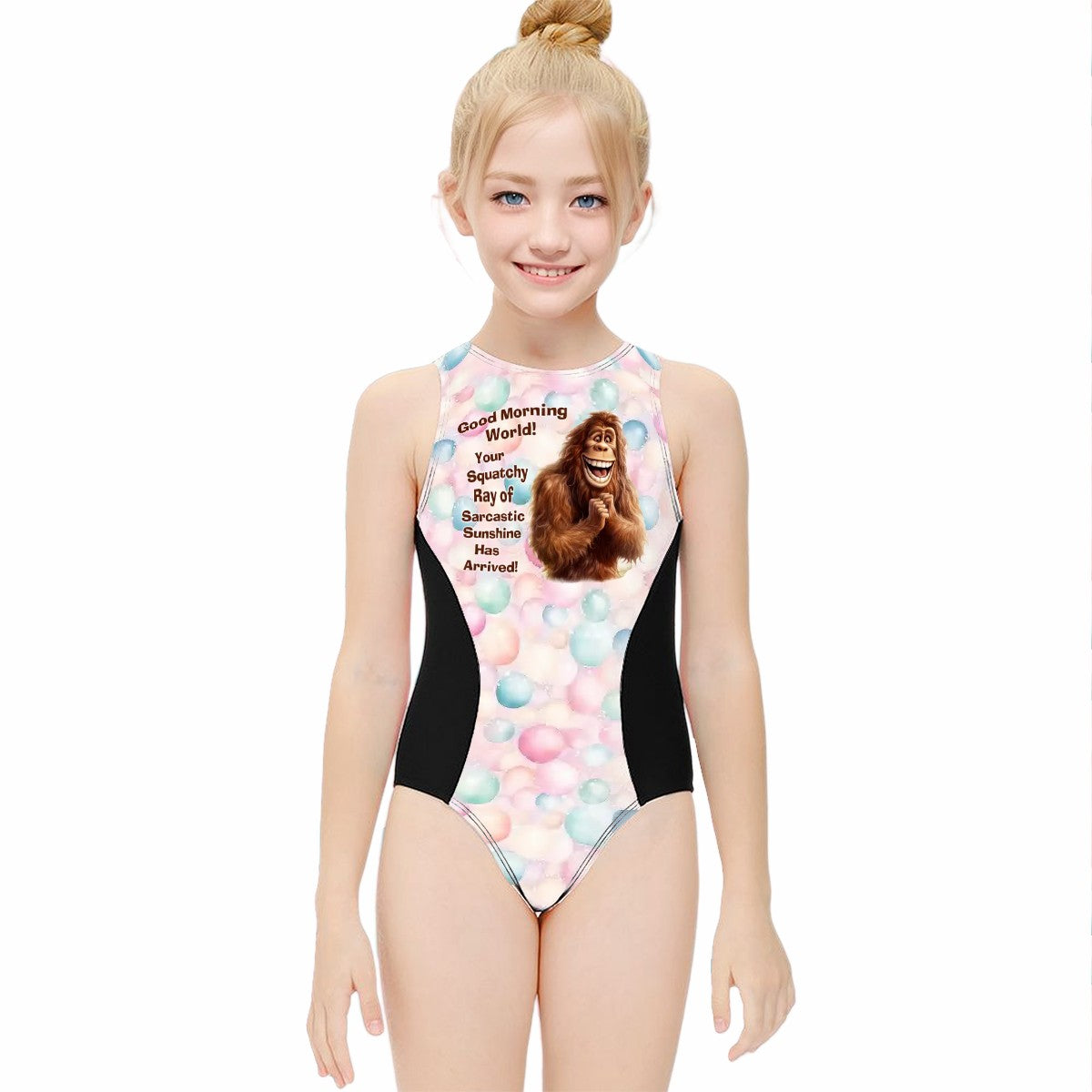 Girl's One Piece Swimsuits, Bigfoot, Sasquatch "Good Morning..."