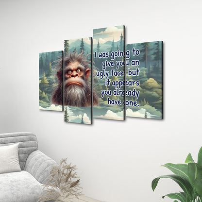 Sarcastic Sasquatch "ugly face", 4 Panels Canvas Prints Wall Art -  Set C