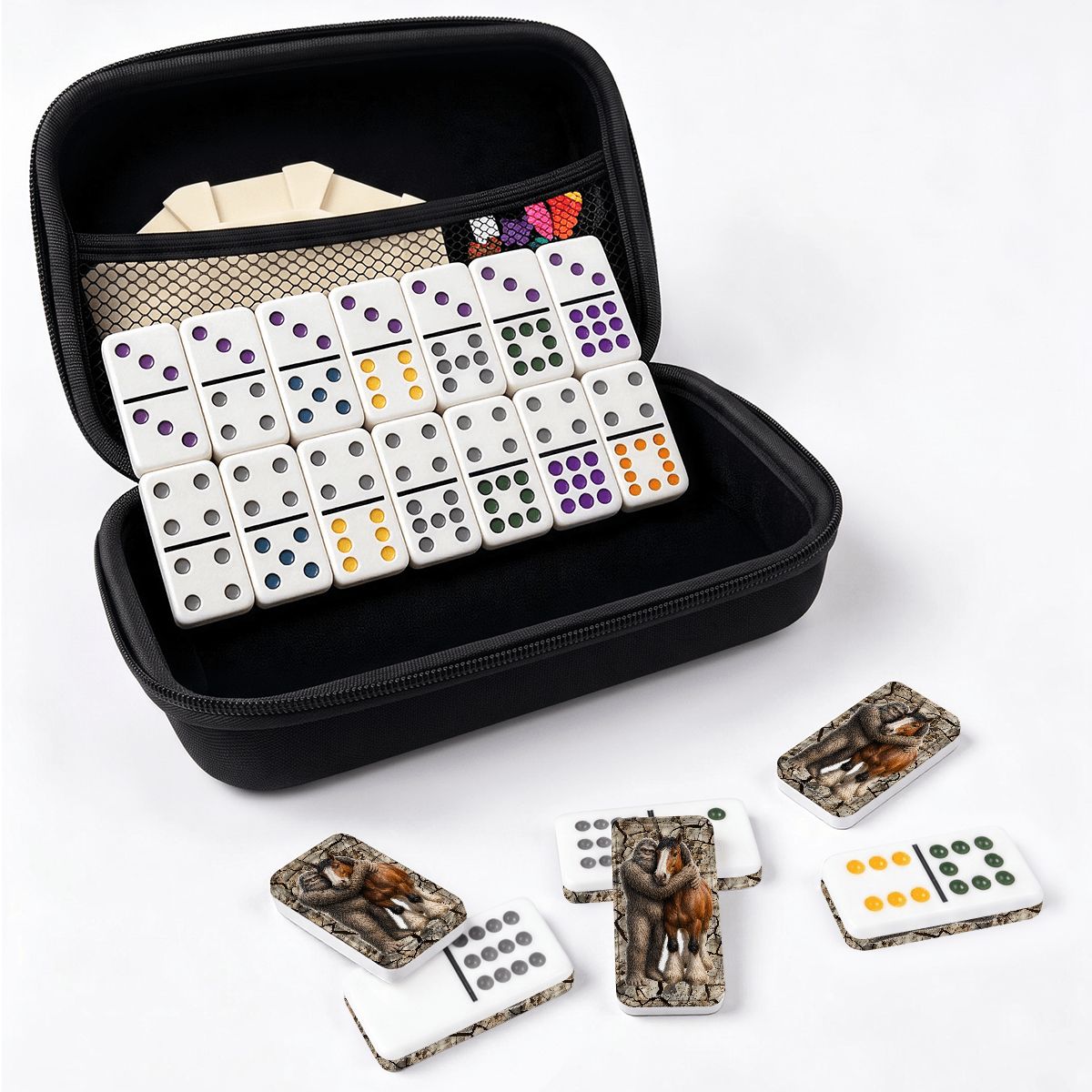 Sasquatch and Horse Double 12 Mexican Train Dominoes Set
