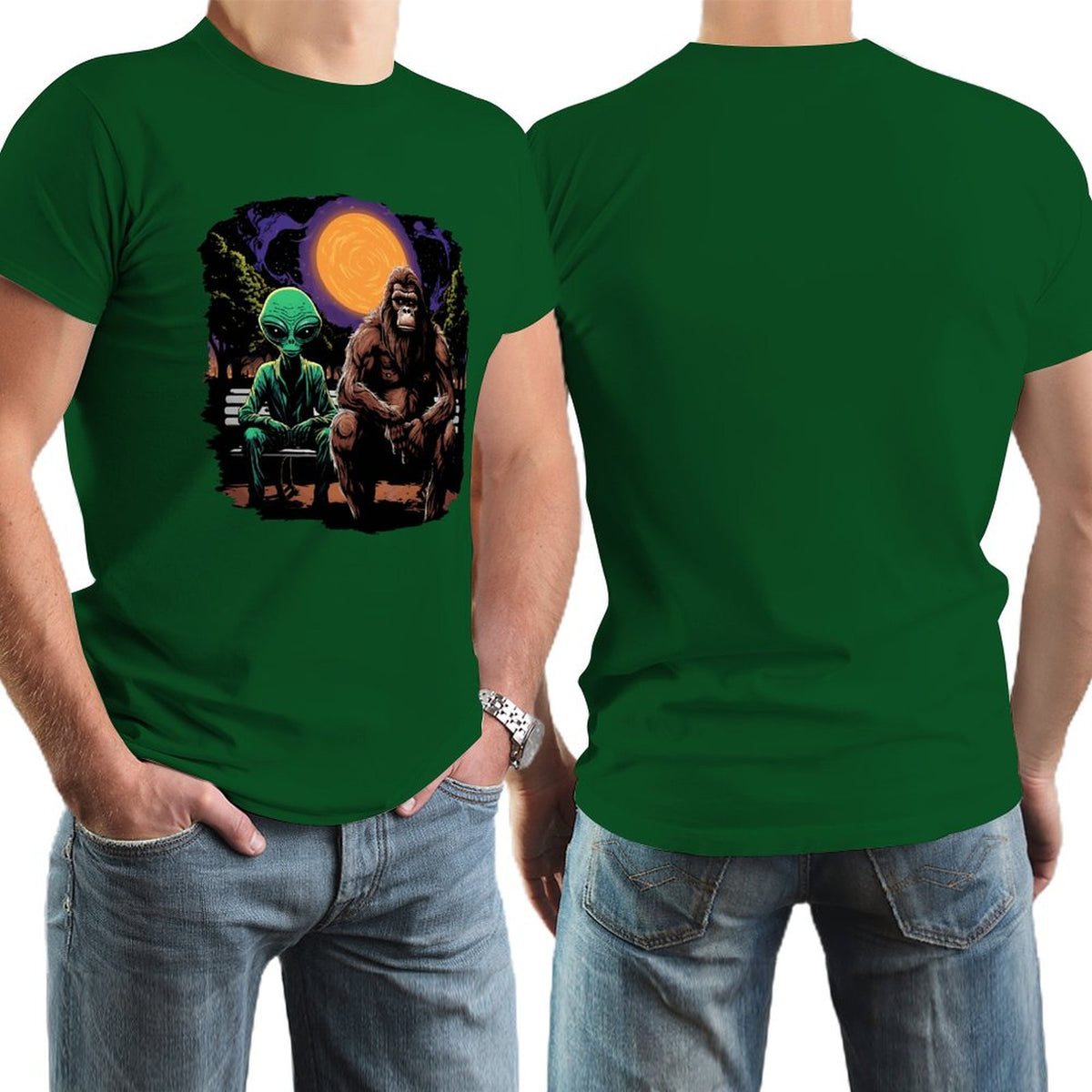 Bigfoot, Sasquatch with Alien, Short Sleeve Cotton T-shirt