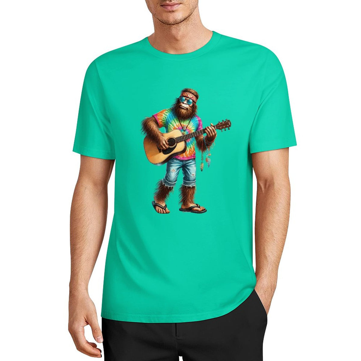 Bigfoot - Sasquatch Hippie Play Guitar Short Sleeve Cotton T-Shirt