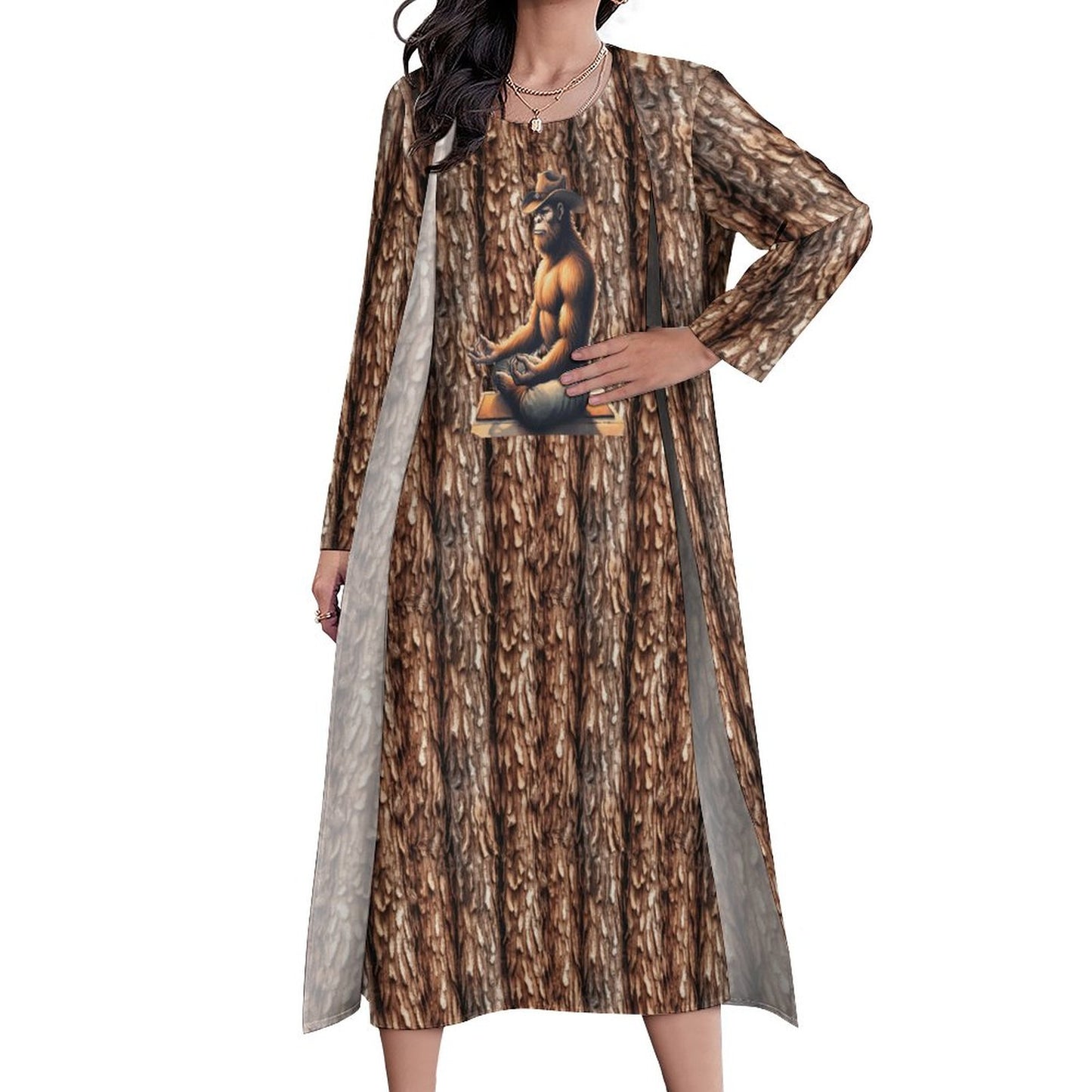 Yoga Cowboy Bigfoot Sasquatch, Women’s Long Dress with Cardigan