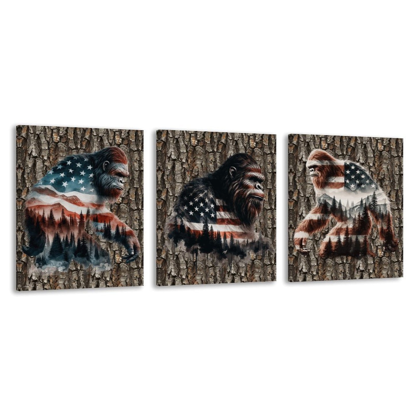 Patriot Bigfoot Sasquatch, Canvas Wall Art - 12”x 16” or 18”x24” (x 3) - Made In USA