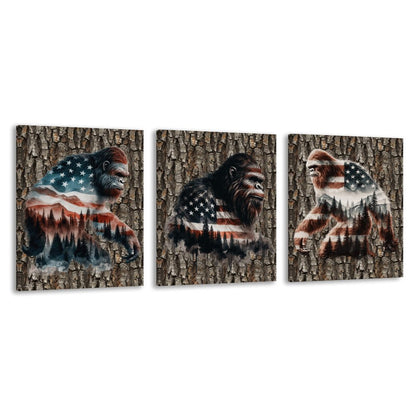 Patriot Bigfoot Sasquatch, Canvas Wall Art - 12”x 16” or 18”x24” (x 3) - Made In USA