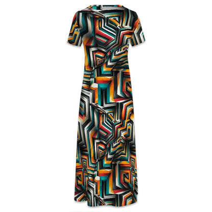 Psychedelic Design, Crew Neck Short Sleeve Maxi Dress