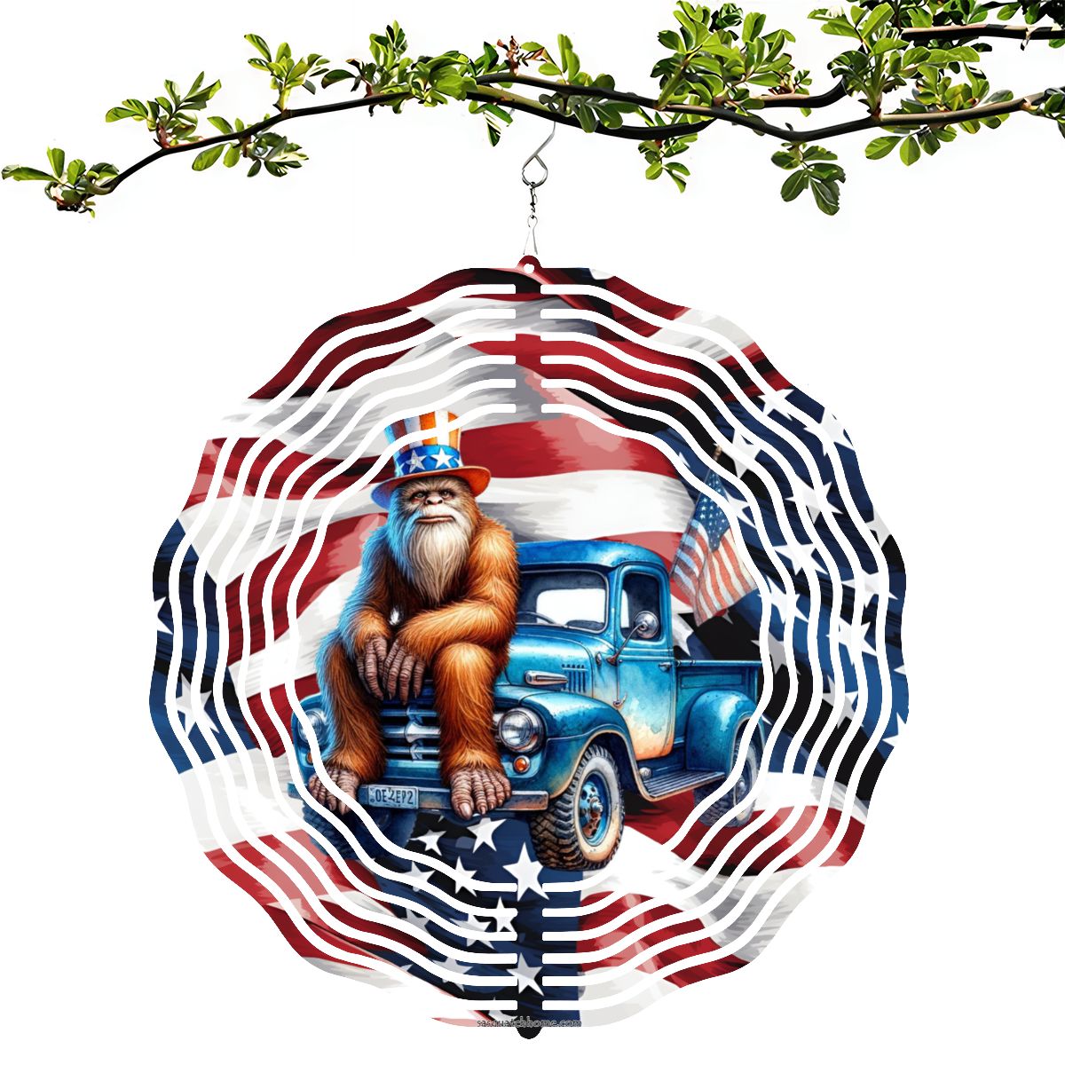 Patriotic Bigfoot, Sasquatch, US Made Hanging Metal 3D Wind Spinner, Ornament - MADE IN USA