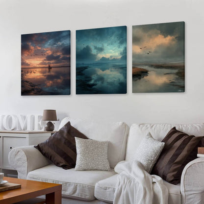 Water Sunsets, Canvas Wall Art - 12”x 16” or 18”x24” (x 3) - Made In USA