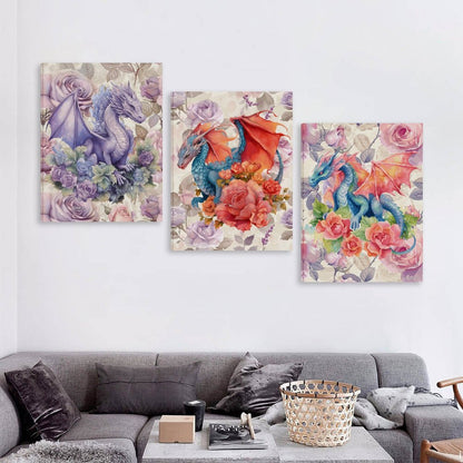 Floral Dragons, Canvas Wall Art - 12”x 16” or 18”x24” (x 3) - Made In USA