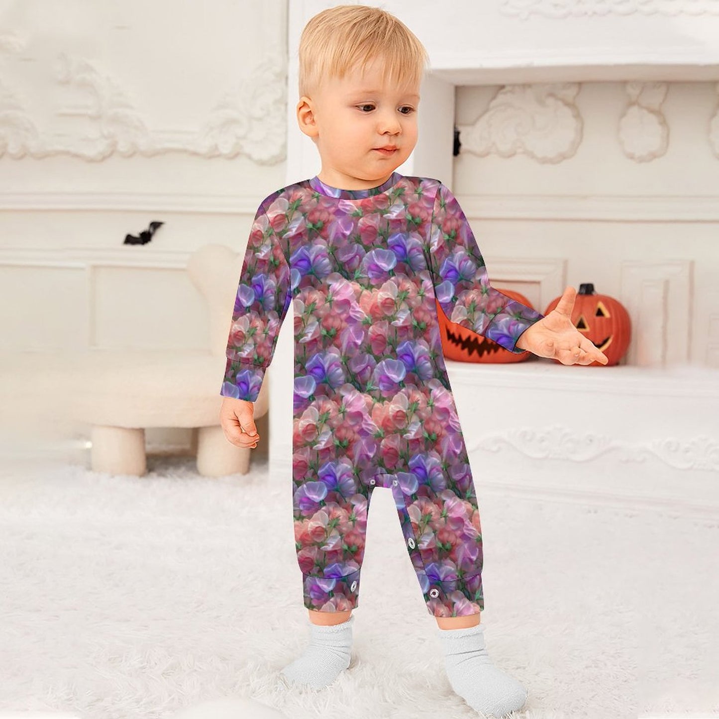 10 Flower Designs, Long Sleeve Baby / Toddler Romper, Faux Cotton