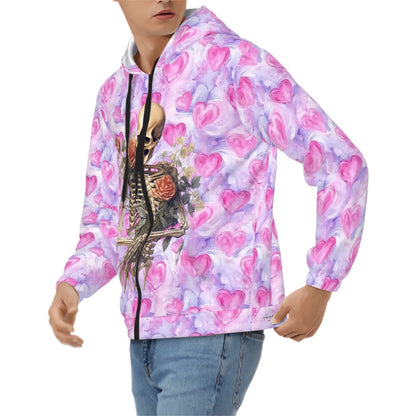 Skulls & Roses on Hearts, Adult Zip Up Hoodie