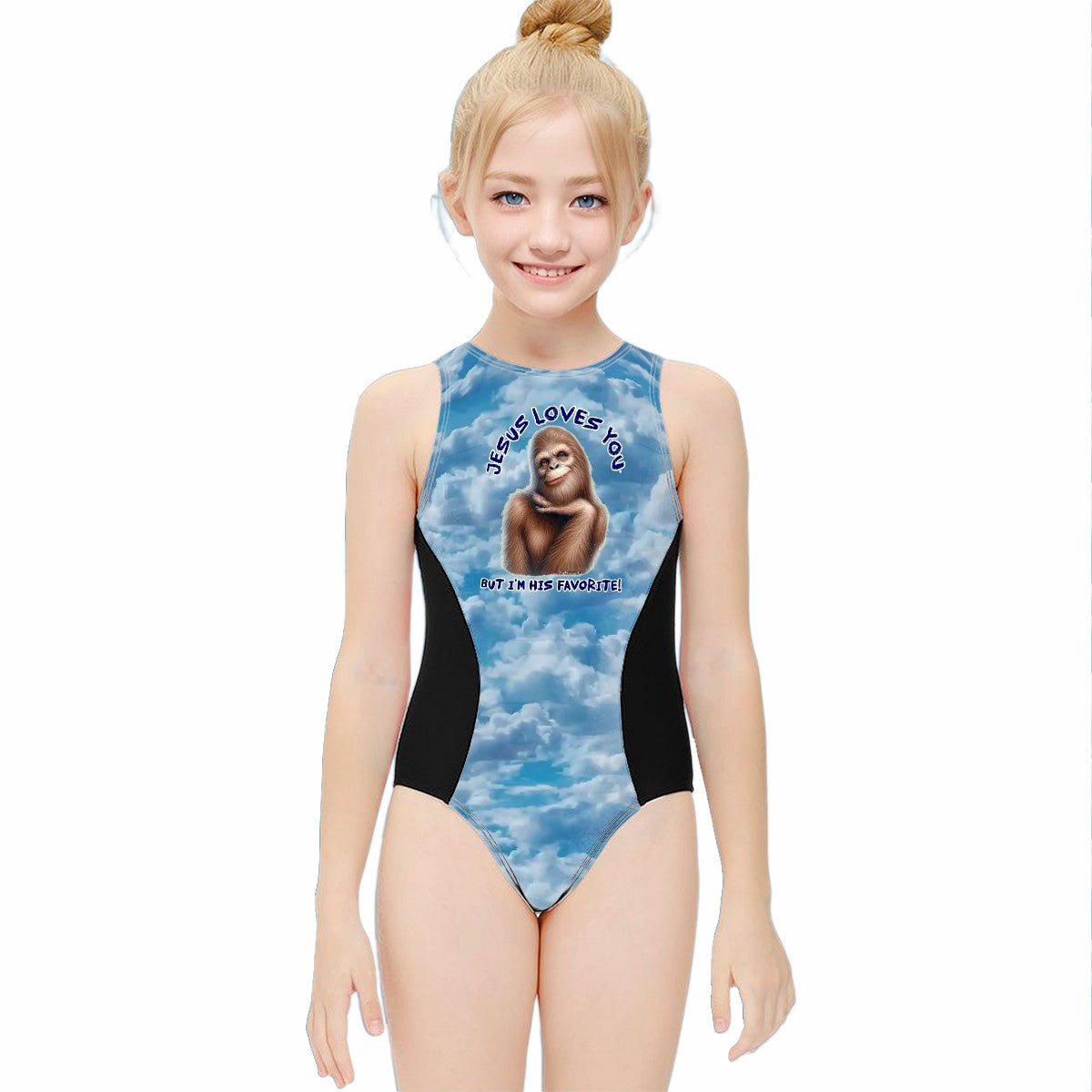 Girl’s One Piece Swimsuits, child swimwear - Bigfoot, Sasquatch, "Jesus loves you..."