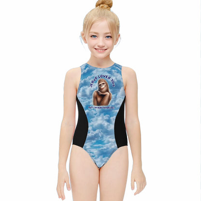 Girl’s One Piece Swimsuits, child swimwear - Bigfoot, Sasquatch, "Jesus loves you..."