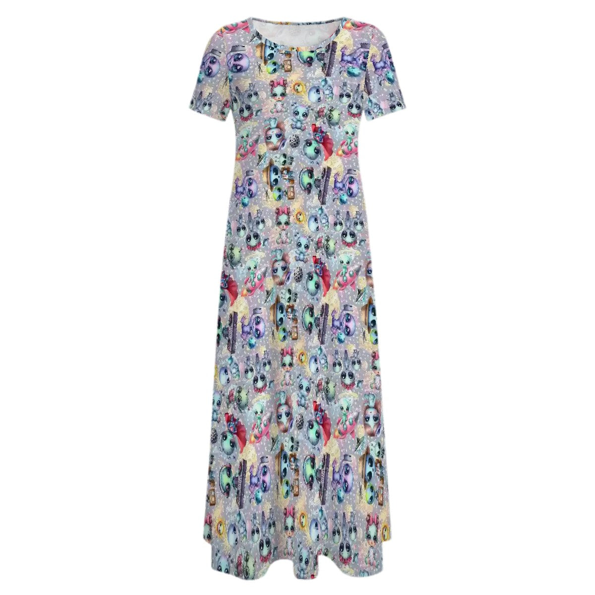 6 Alien Designs, Crew Neck Short Sleeve Maxi Dress