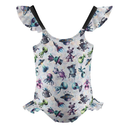 6 Alien Designs, Girls One-Piece Summer Swimsuit, Ruffle Shoulder