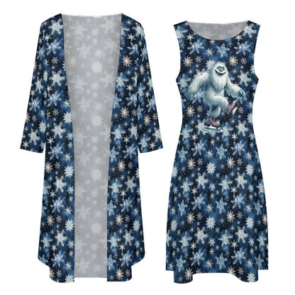 Fun Yeti on Snowflakes, Women’s Long Dress with Cardigan