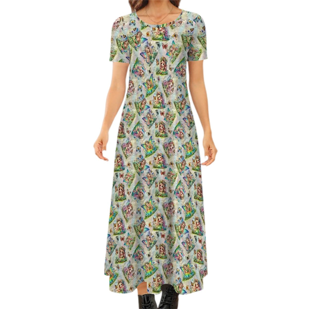 6 Fairy Designs Crew Neck Short Sleeve Maxi Dress