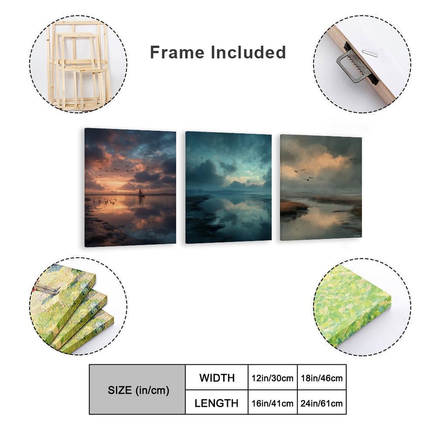 Water Sunsets, Canvas Wall Art - 12”x 16” or 18”x24” (x 3) - Made In USA
