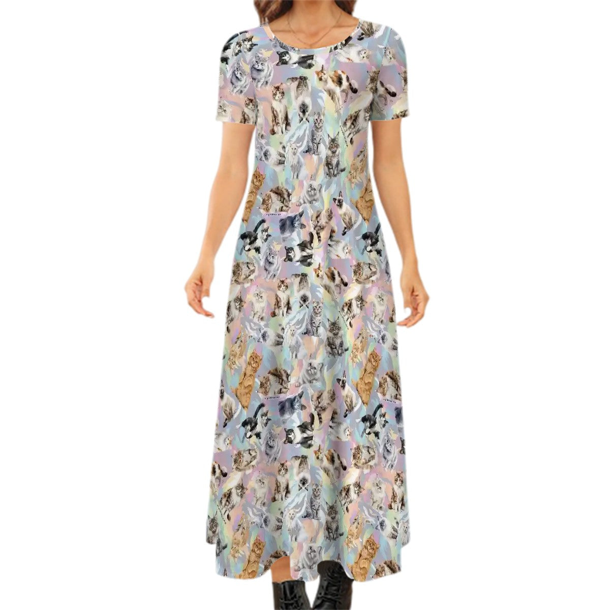 10 Animal Designs, Crew Neck Short Sleeve Maxi Dress