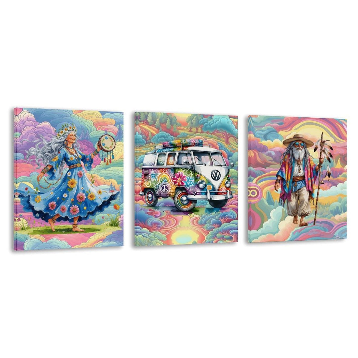 Groovy Hippies, Canvas Wall Art - 12”x 16” or 18”x24” (x 3) - Made In USA