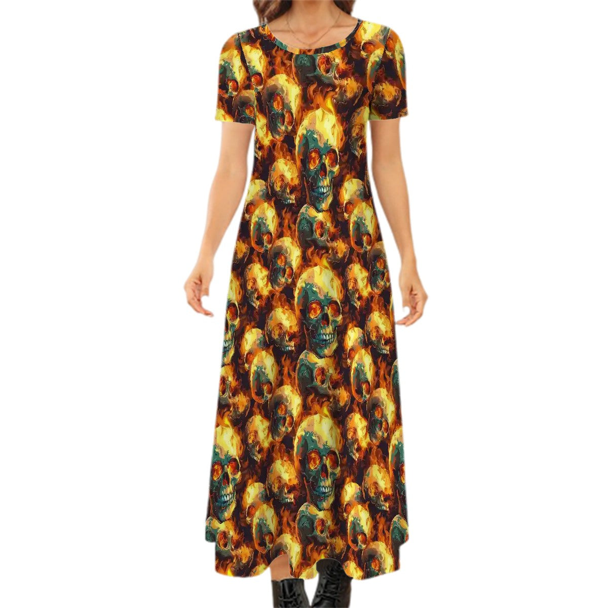 Fire & Skulls Crew Neck Short Sleeve Maxi Dress