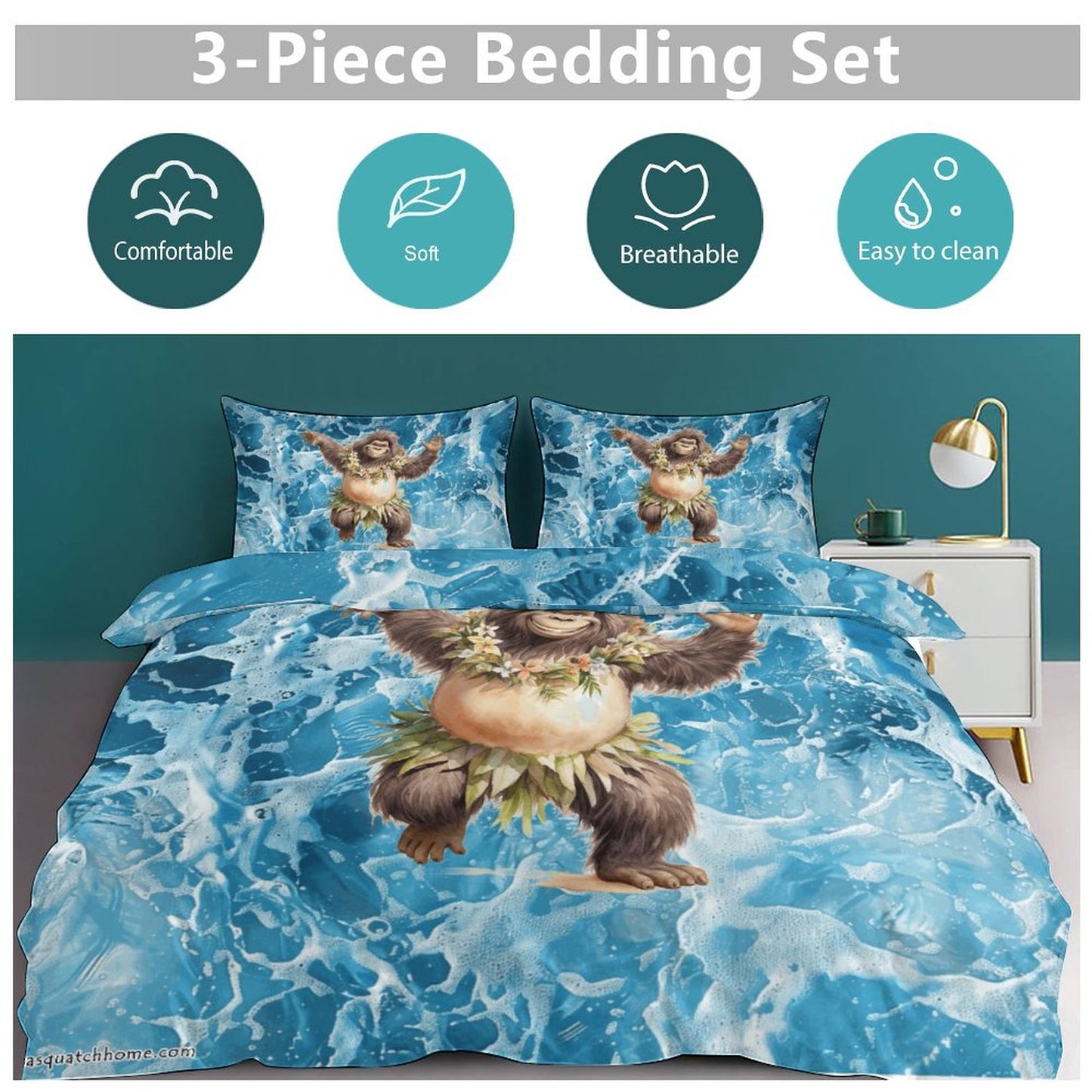 Sasquatch Hula On the Beach 3-Piece Bedding Set-90"x90"/ 229x229cm (Dual-sided Printing)